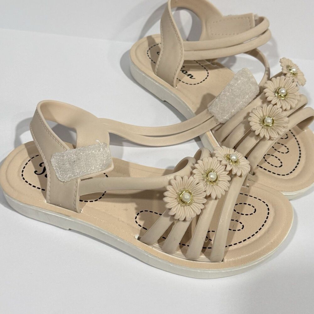 Girls PVC Sandals Size 12 Beige Floral Pearl Non-Slip Summer Shoes Hook & Loop - Picture 7 of 16